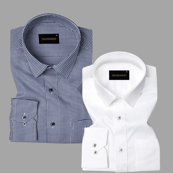 Pack of 2 Premium Cotton Shirt for Man (Navy Blue Check and White)