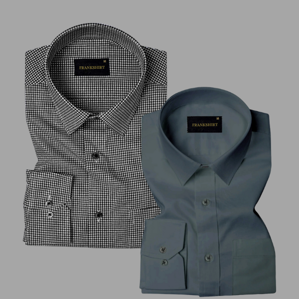 Pack of 2 Premium Cotton Shirt for Man (Black Check and Dark Grey)