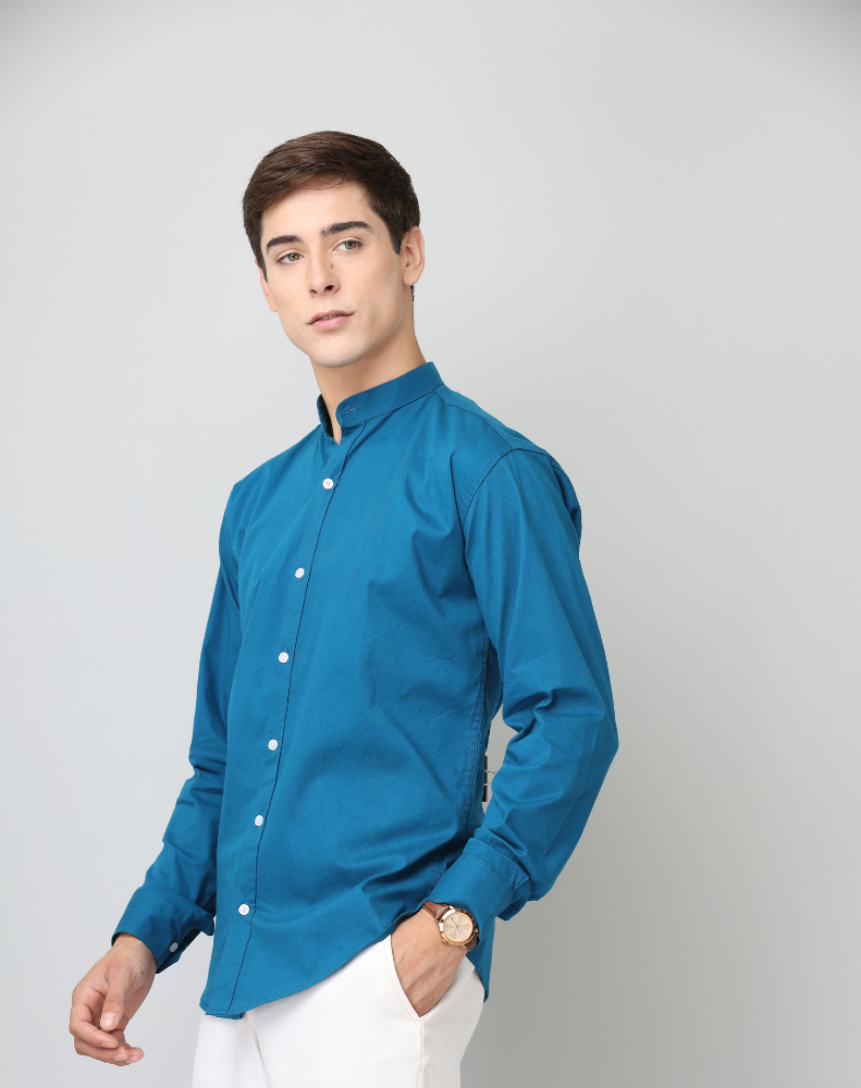 Frankshirt Chinese Collar Peacock Blue Solid Tailored Fit Cotton Casual Shirt for Men