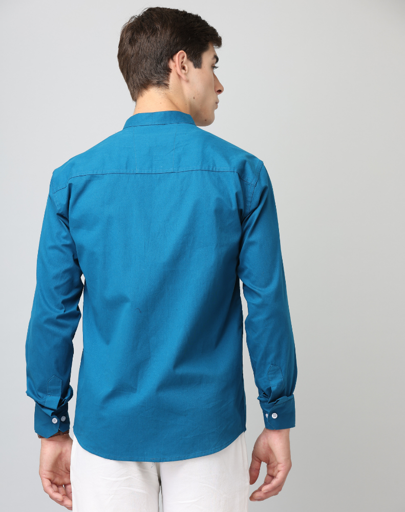 Frankshirt Chinese Collar Peacock Blue Solid Tailored Fit Cotton Casual Shirt for Men