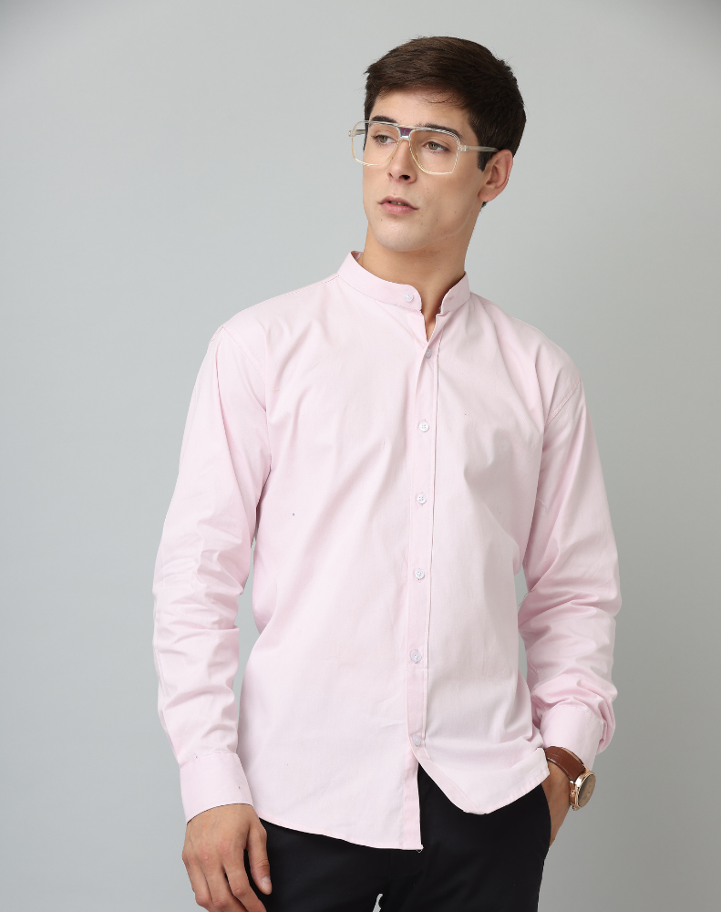 Premium Chinese Collar Light Pink Tailored Fit Cotton Casual Shirt for Man