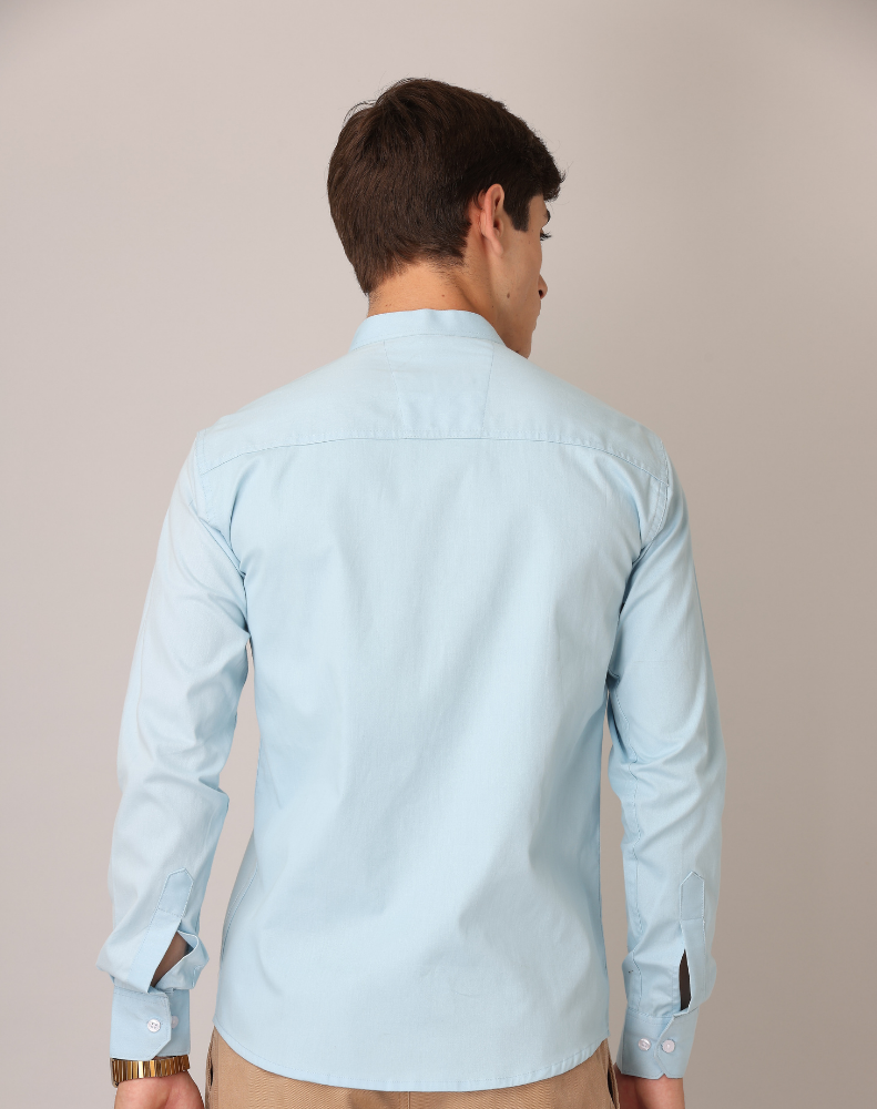 Premium Chinese Collar Light Blue Tailored Fit Cotton Casual Shirt for Man