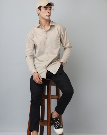 Frankshirt Beige Solid Tailored Fit Cotton Casual Shirt for Man