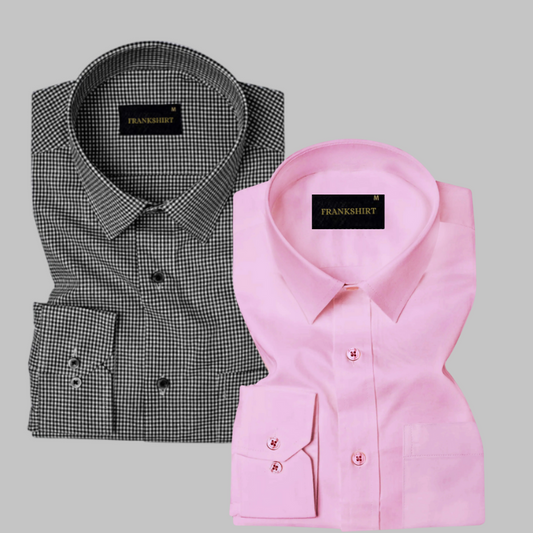 Pack of 2 Premium Cotton Shirt for Man (Black Check and Light Pink)