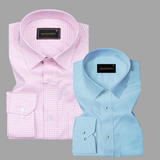 Pack of 2 Premium Cotton Shirt for Man (Light Pink Check and Sky Blue)