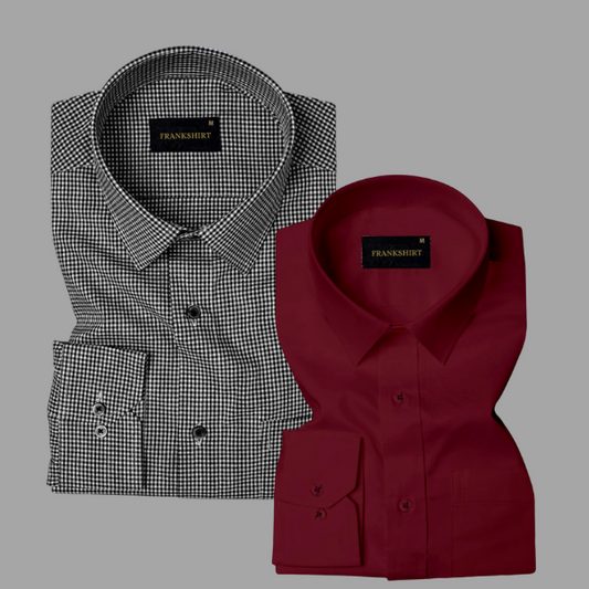 Pack of 2 Premium Cotton Shirt for Man (Black Check and Maroon)