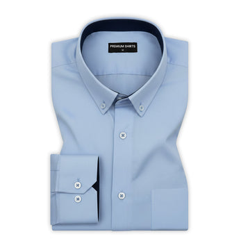 Light blue dress shirt with a collar tag on a white background