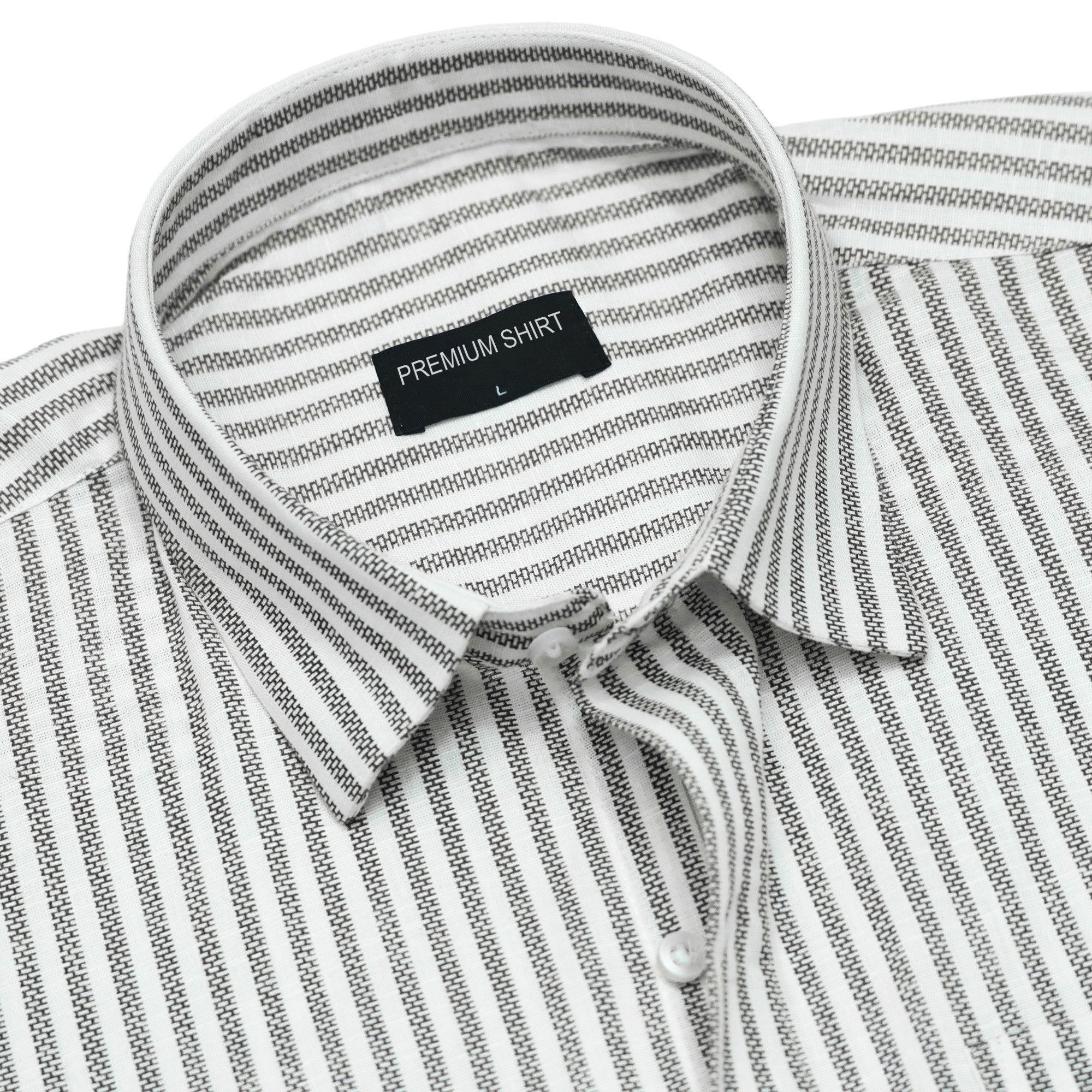 Striped shirt with a collar and label on a white background