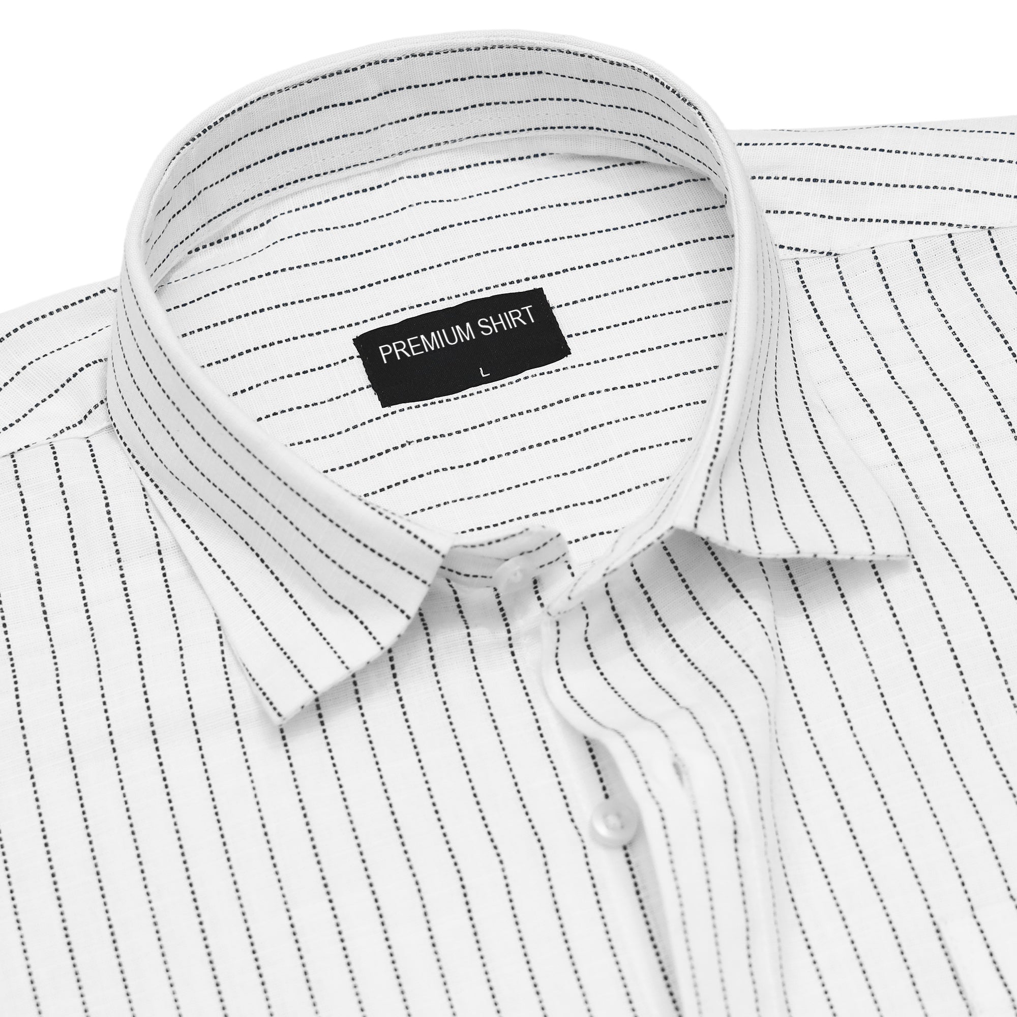 Close-up of a white shirt with black stripes and a 'Premium Shirt' label.