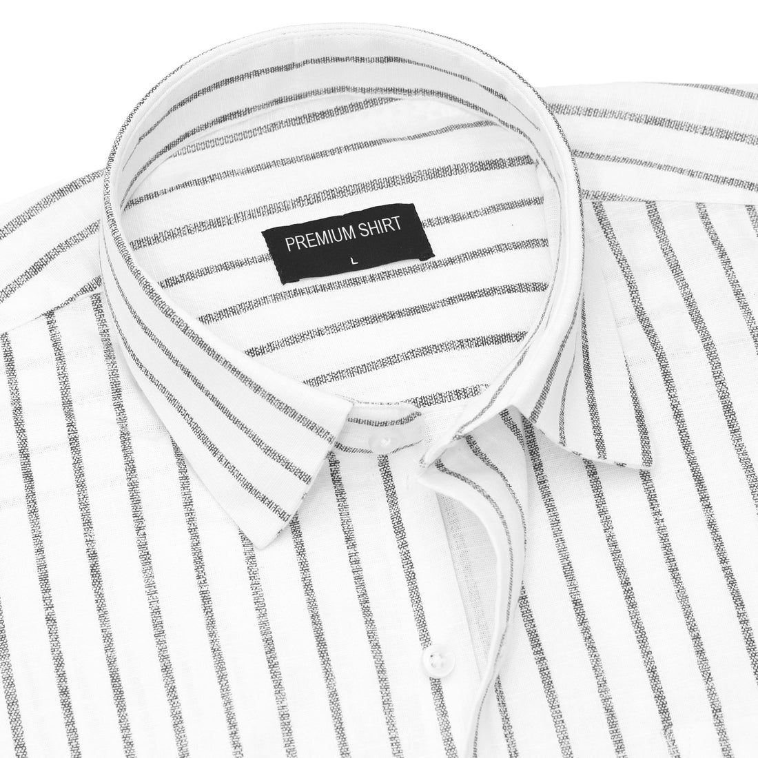 Folded white shirt with black stripes on a white background
