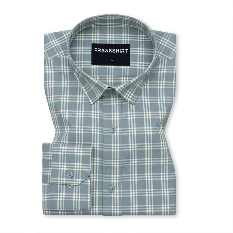 Frosted Teal Classic Check Paper Cotton Shirt For Men