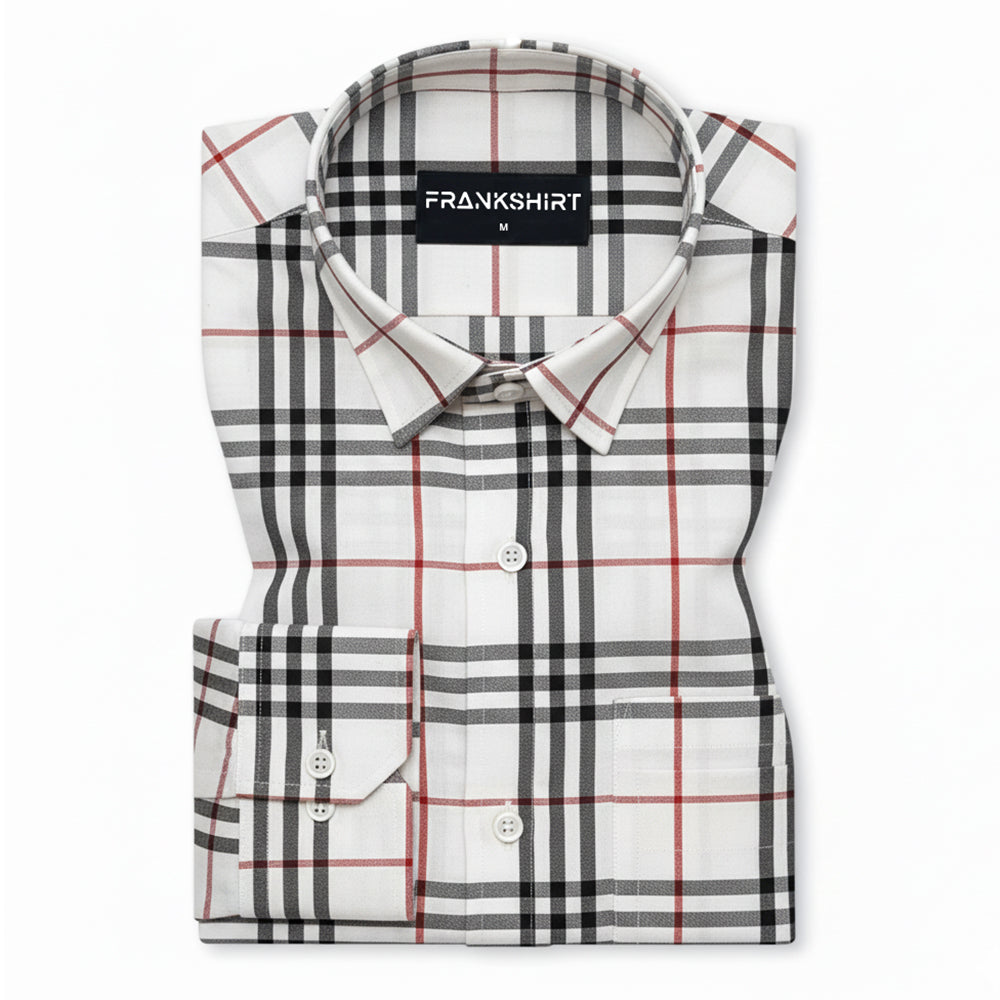 White Tartan Check Cotton Shirt For Men