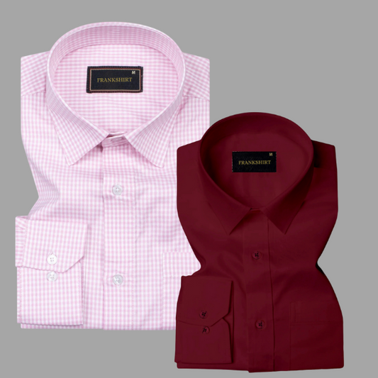 Pack of 2 Premium Cotton Shirt for Man (Light Pink Check and Maroon)