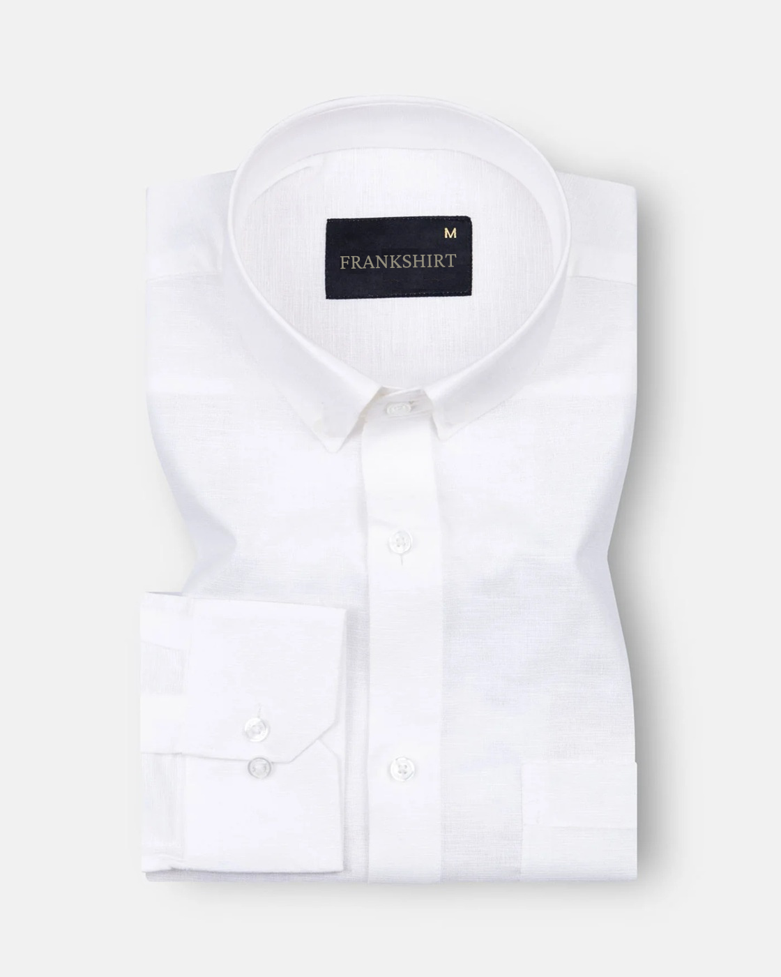 A white, long-sleeved, button-down linen shirt by Frankshirt laid out flat on a plain background.