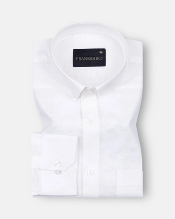 A white, long-sleeved, button-down linen shirt by Frankshirt laid out flat on a plain background.