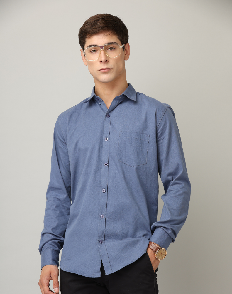 Frankshirt Denim Blue Solid Tailored Fit Cotton Casual Shirt for Man