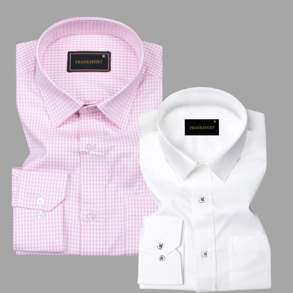 Pack of 2 Premium Cotton Shirt for Man (Light Pink Check and White)