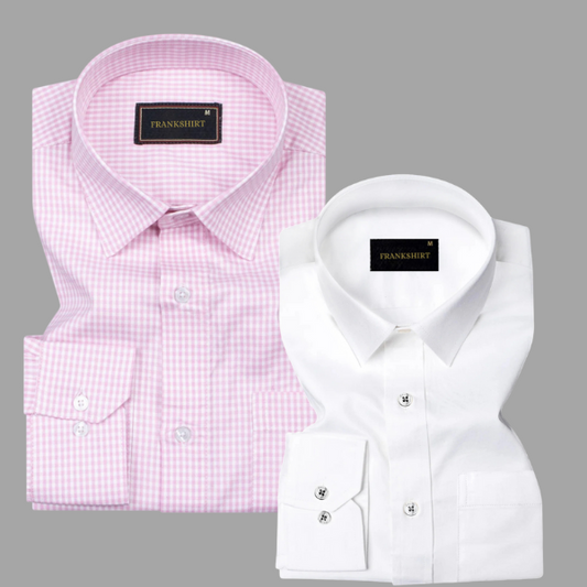 Pack of 2 Premium Cotton Shirt for Man (Light Pink Check and White)
