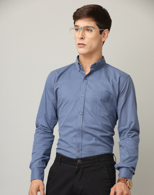 Frankshirt Denim Blue Solid Tailored Fit Cotton Casual Shirt for Man