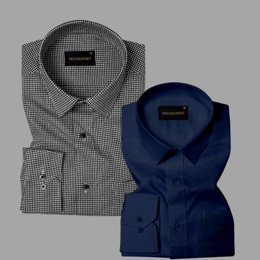Pack of 2 Premium Cotton Shirt for Man (Black Check and Navy Blue)