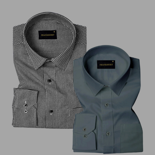 Pack of 2 Premium Cotton Shirt for Man (Black Check and Dark Grey)