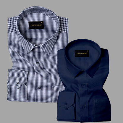 Pack of 2 Premium Cotton Shirt for Man (Navy Blue Check and Navy Blue)