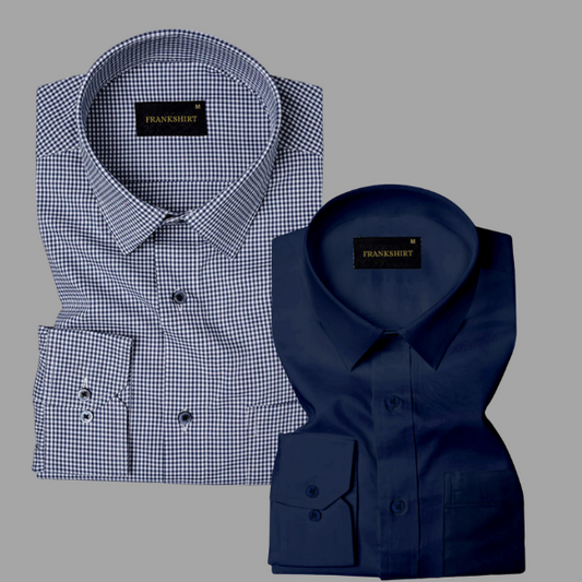 Pack of 2 Premium Cotton Shirt for Man (Navy Blue Check and Navy Blue)
