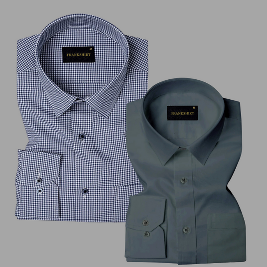 Pack of 2 Premium Cotton Shirt for Man (Navy Blue Check and Dark Grey)