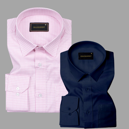 Pack of 2 Premium Cotton Shirt for Man (Light Pink Check and Navy Blue)