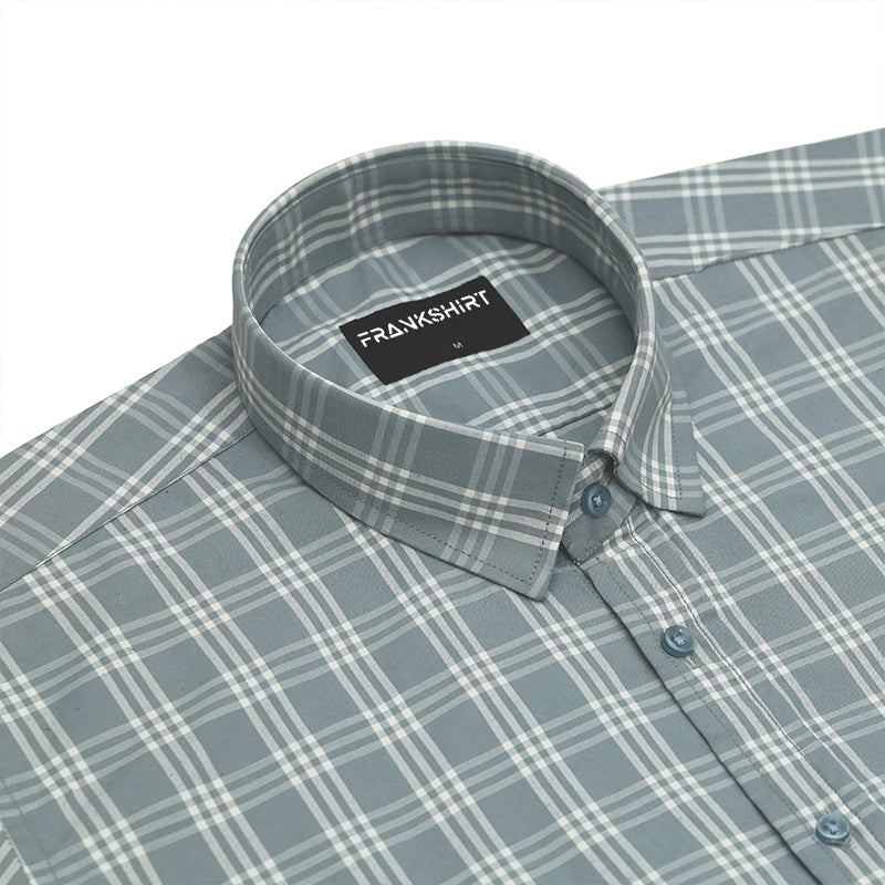 Frosted Teal Classic Check Paper Cotton Shirt For Men