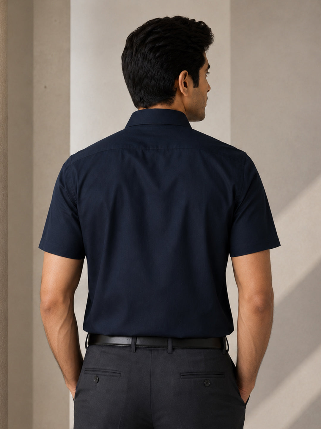 Half Sleeve Paper Cotton Deep Navy Shirt for Men