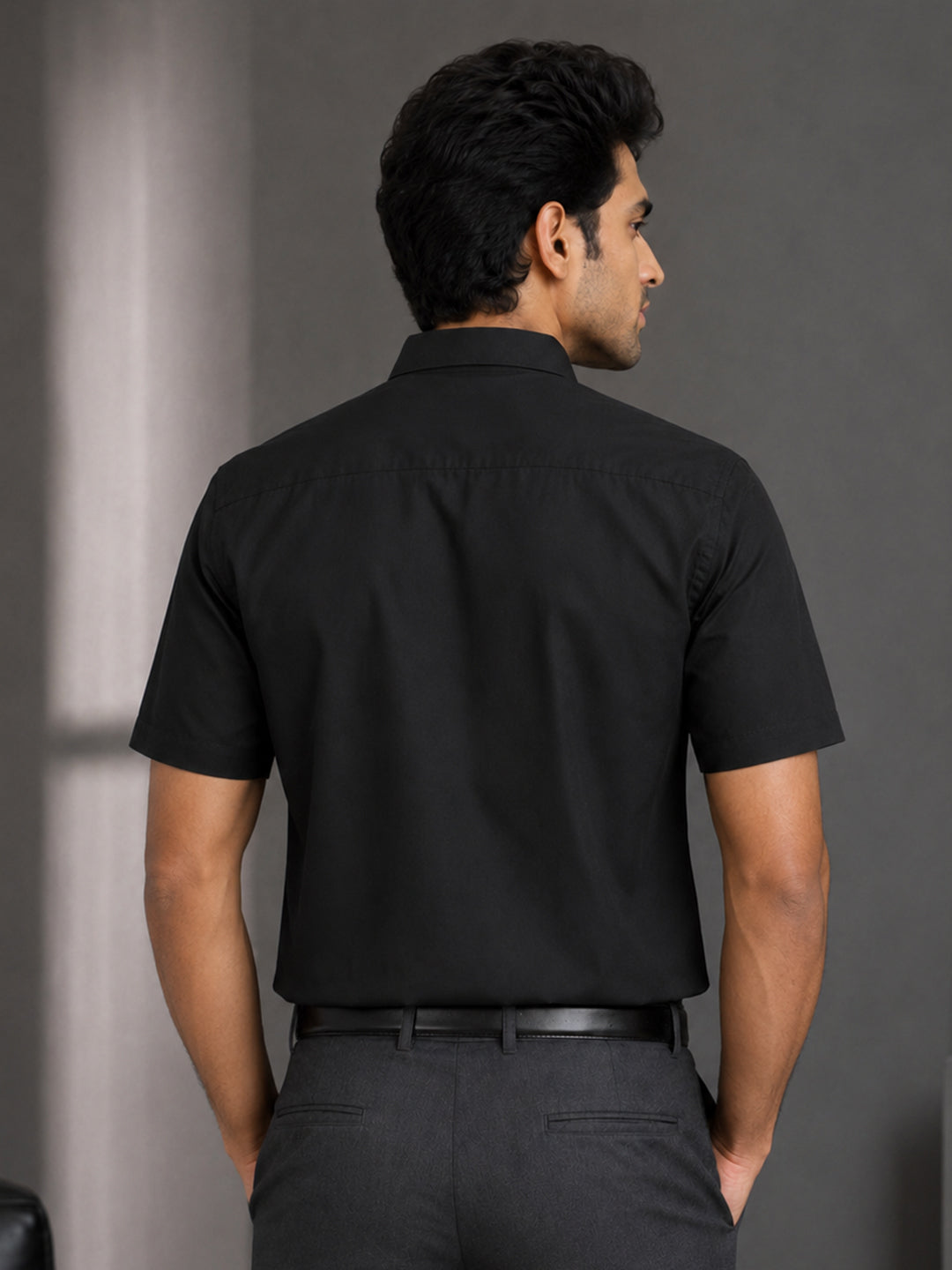 Half Sleeve Paper Cotton Black Shirt for Men