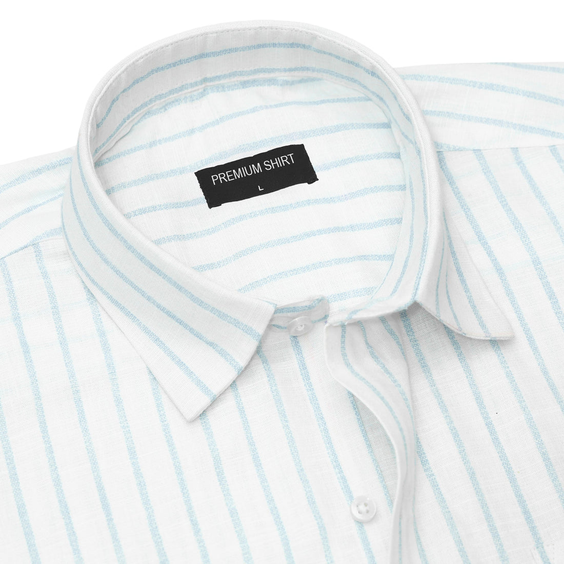 White dress shirt with blue stripes and a 'Premium Shirt' label on a white background