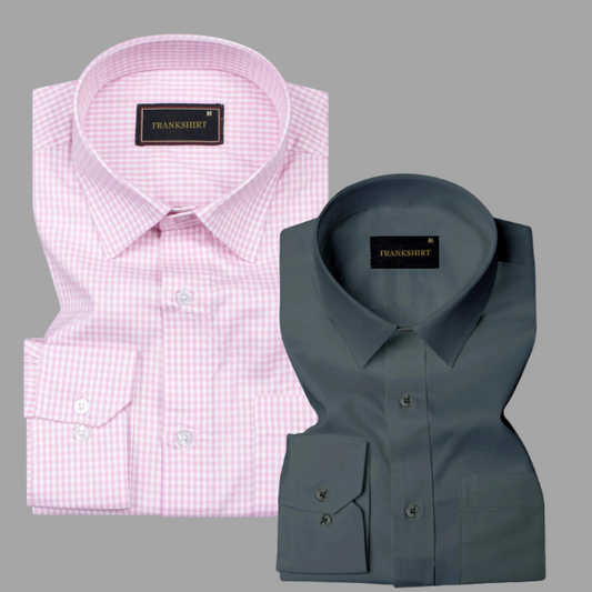 Pack of 2 Premium Cotton Shirt for Man (Light Pink Check and Dark Grey)