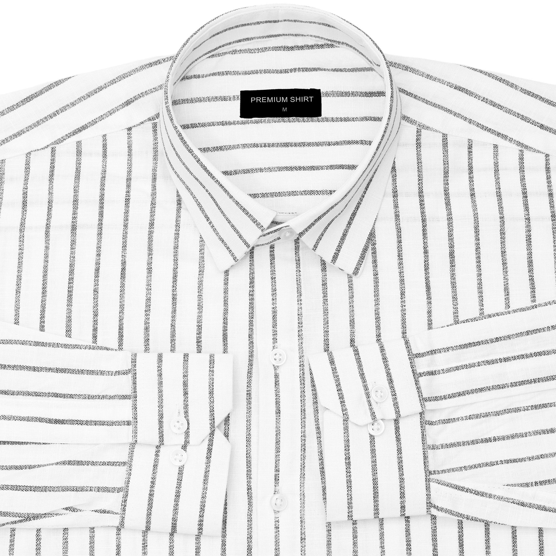 White shirt with black stripes and a visible brand label on a white background
