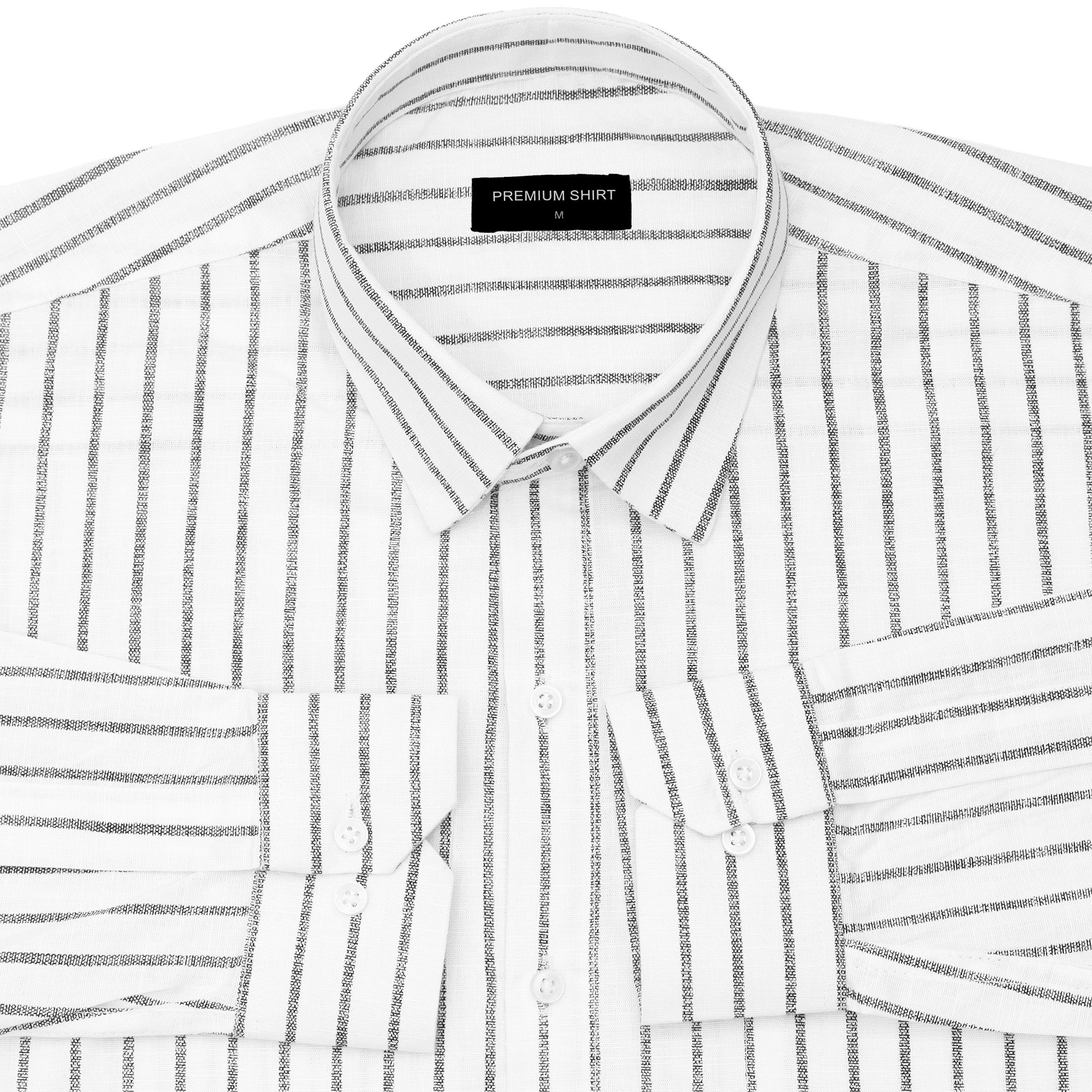 White shirt with black stripes and a visible brand label on a white background