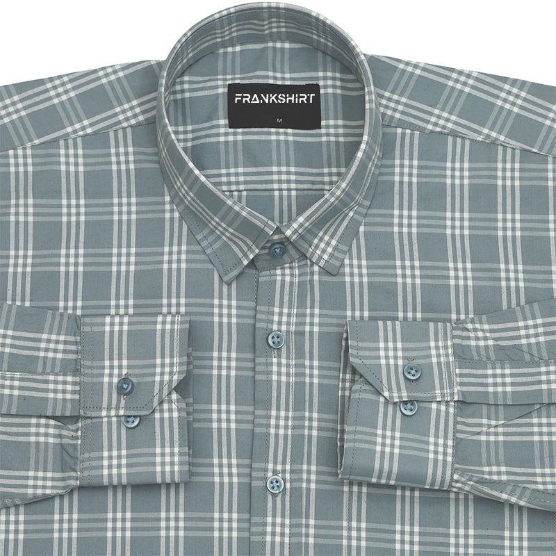Frosted Teal Classic Check Paper Cotton Shirt For Men