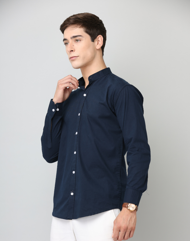 Premium Chinese Collar Navy Blue Solid Tailored Fit Cotton Casual Shirt for Man