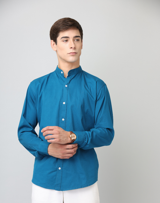 Frankshirt Chinese Collar Peacock Blue Solid Tailored Fit Cotton Casual Shirt for Men