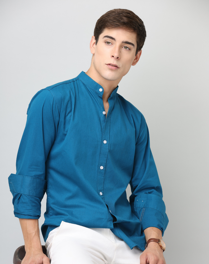 Premium Chinese Collar Peacock Blue Solid Tailored Fit Cotton Casual Shirt for Men
