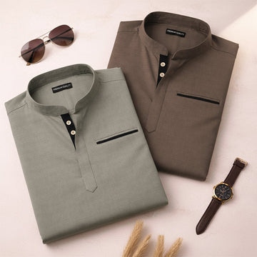 Pack Of 2 Urban Fit Olive & Mehendi Short Linen Kurta For Men