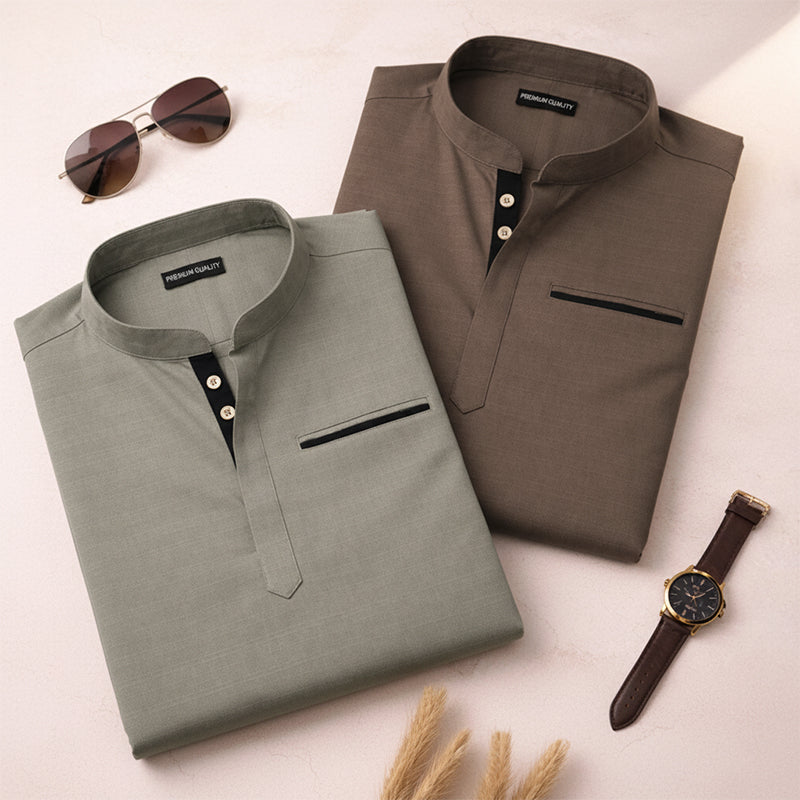 Pack Of 2 Urban Fit Olive & Mehendi Short Linen Kurta For Men