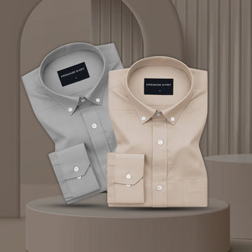 Pack of 2 Oxford Cotton Shirt For Men (Silver & Beige)