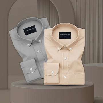 Pack of 2 Oxford Cotton Shirt For Men (Silver & Cream)