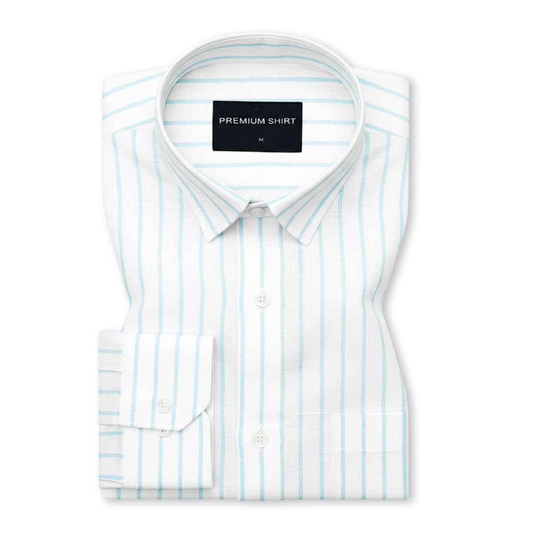 White dress shirt with blue stripes and a 'Premium Shirt' label on a white background