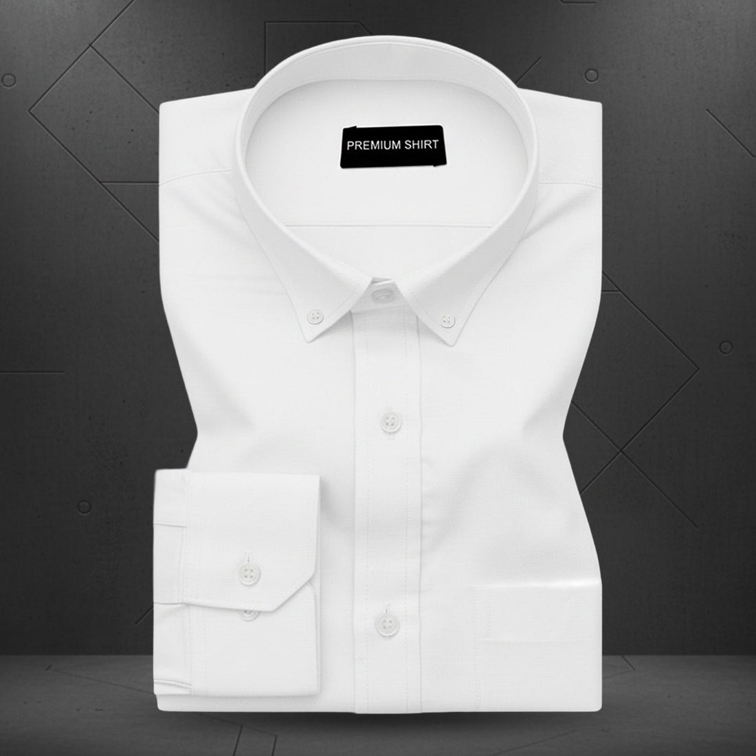 White dress shirt on a black background with 'Premium Shirt' label