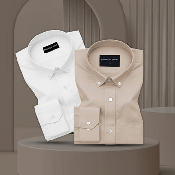 Pack of 2 Oxford Cotton Shirt For Men (White & Beige)