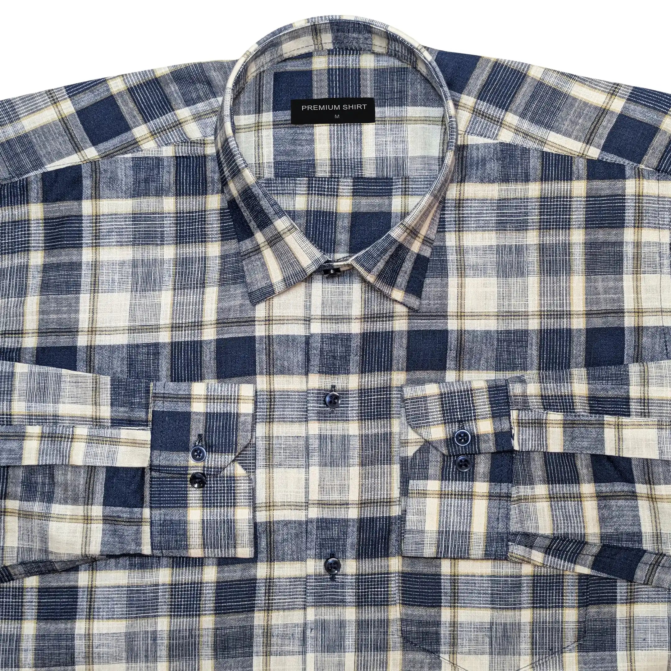Navy Blue Check Linen Shirt For Men