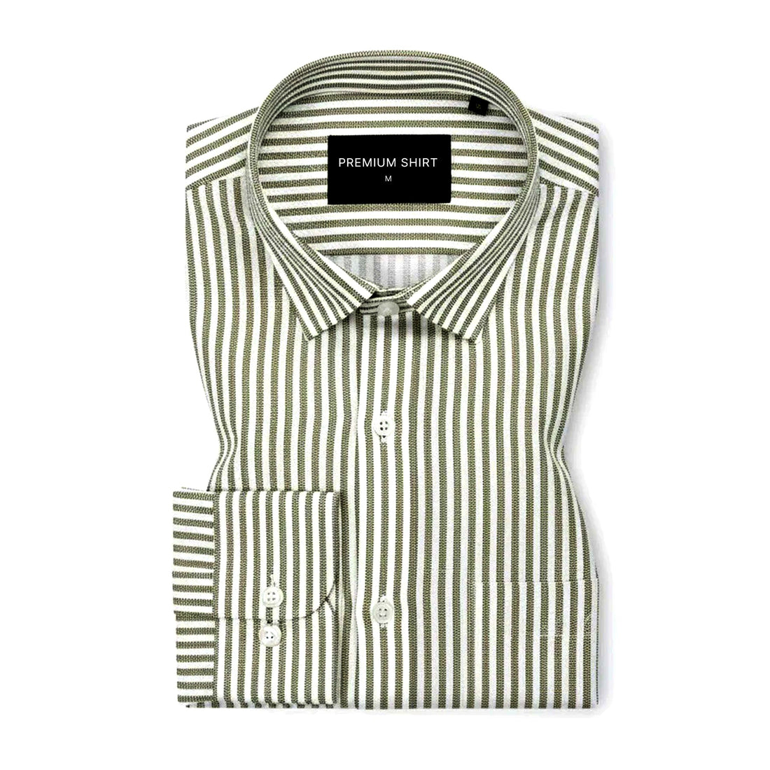 Folded green and white striped shirt with a label on a white background