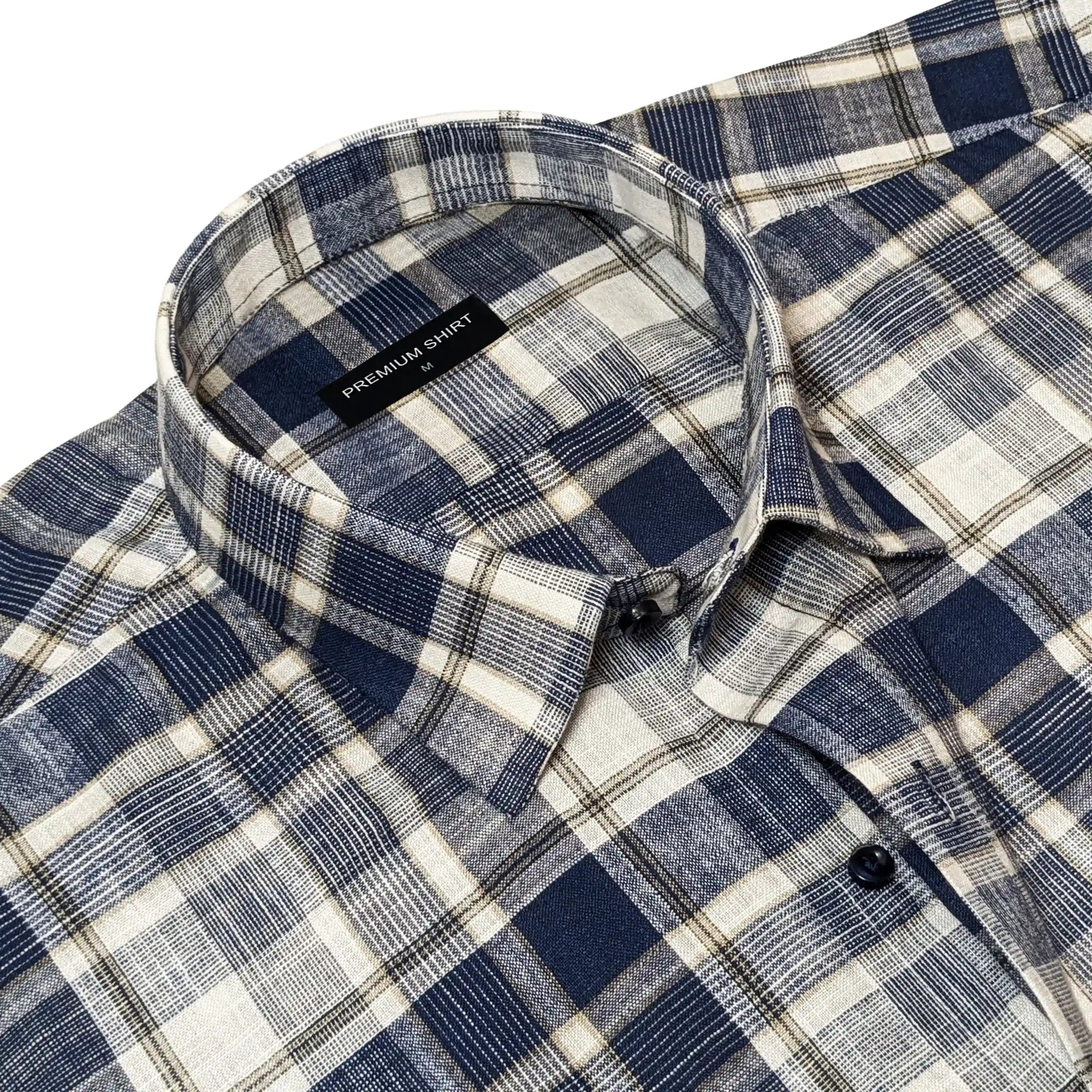 Navy Blue Check Linen Shirt For Men